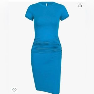 NWOT Ruched T-shirt Dress. Bright blue. Fitted.